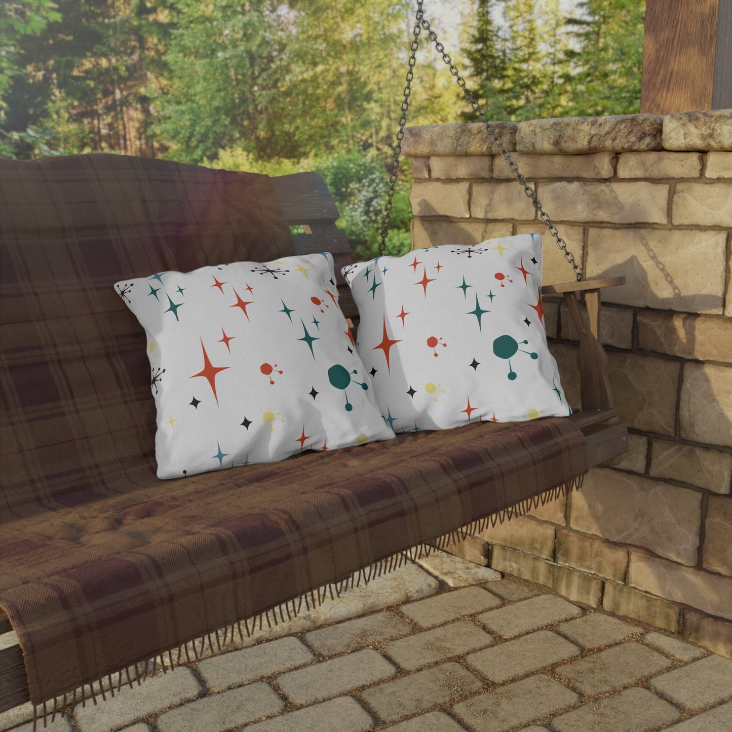 Mid-Century Magic: Starburst & Sputnik Outdoor Pillow