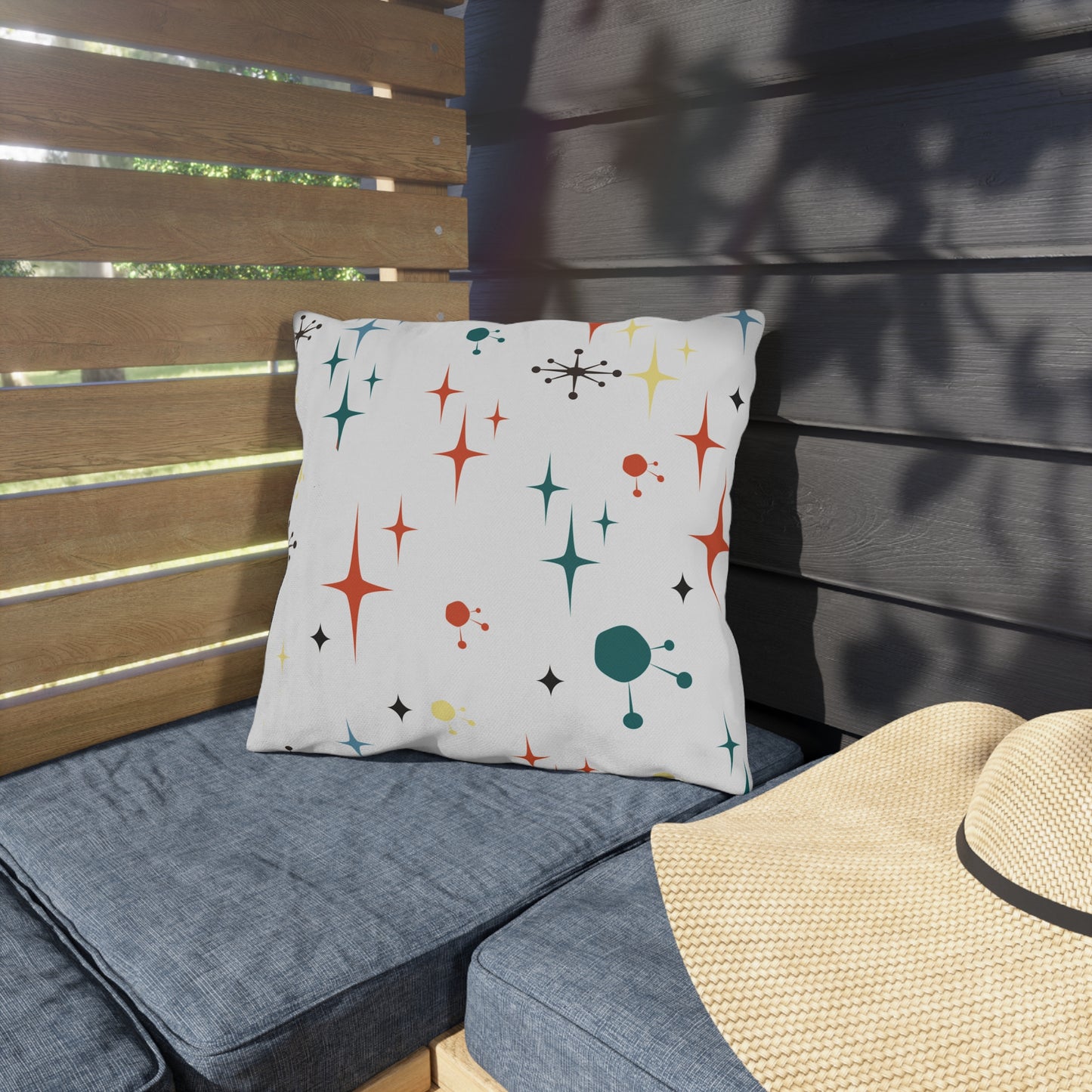 Mid-Century Magic: Starburst & Sputnik Outdoor Pillow