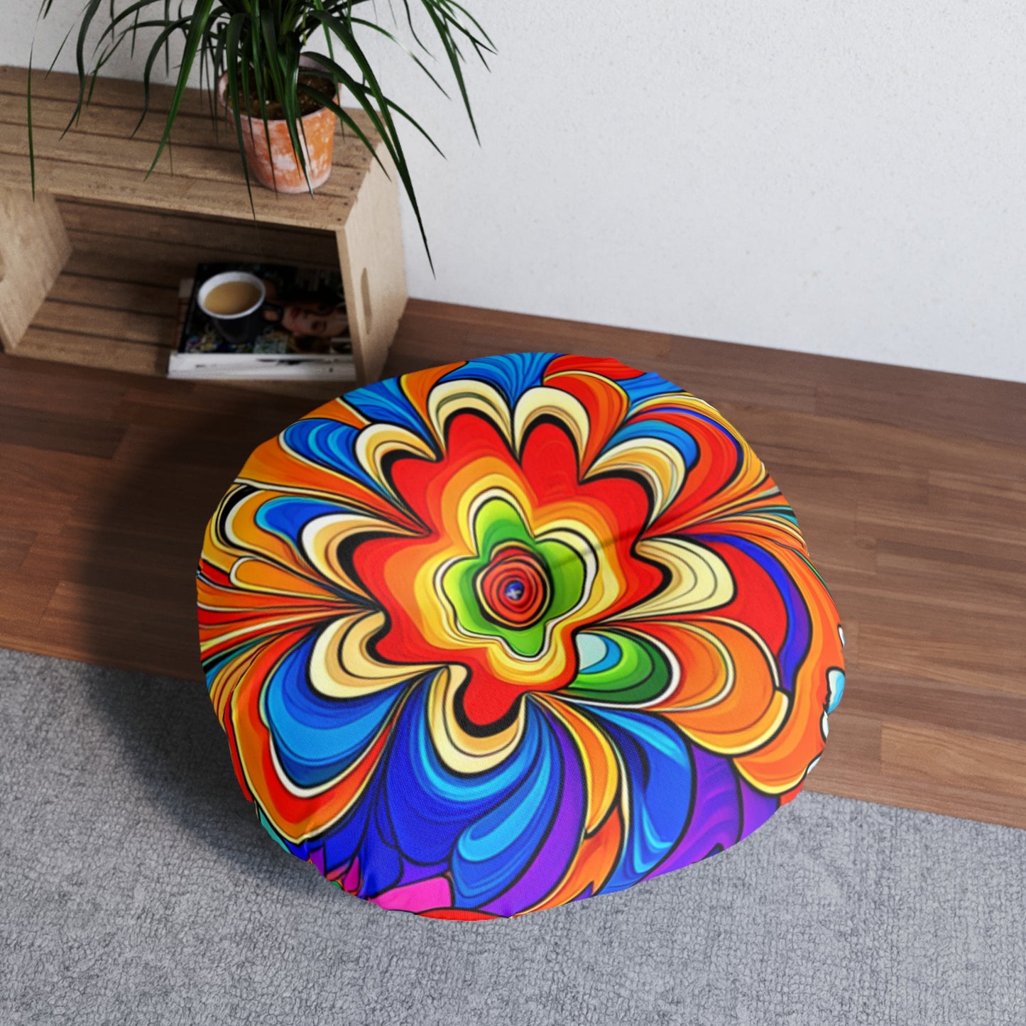 Tufted Round Floor Pillow -- Psychedelic 60s Vibes, Maximum Chill