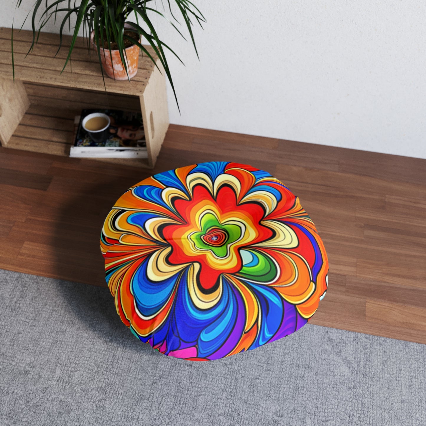 Tufted Round Floor Pillow -- Psychedelic 60s Vibes, Maximum Chill